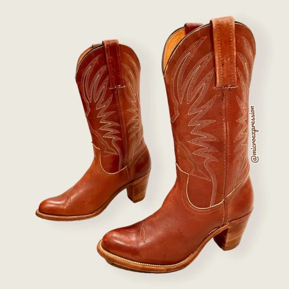 1990s VINTAGE Frye Billy Pull-On Cognac Leather Embroidered Festival Cowboy Boot